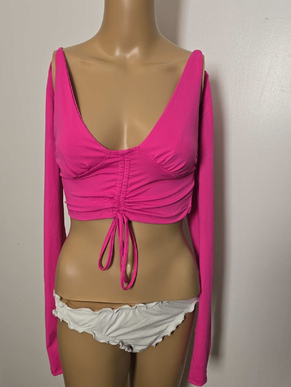 2 Piece Ruched Drawstring Crop Top in Bright Fuchsia - S